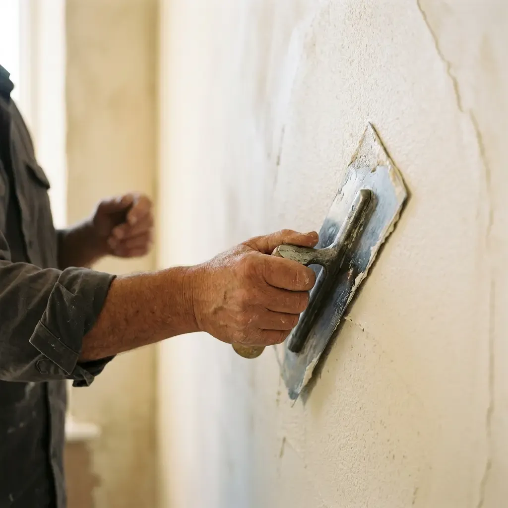 Plasterer's hand smoothing a finish coat onto a wall with a steel trowel