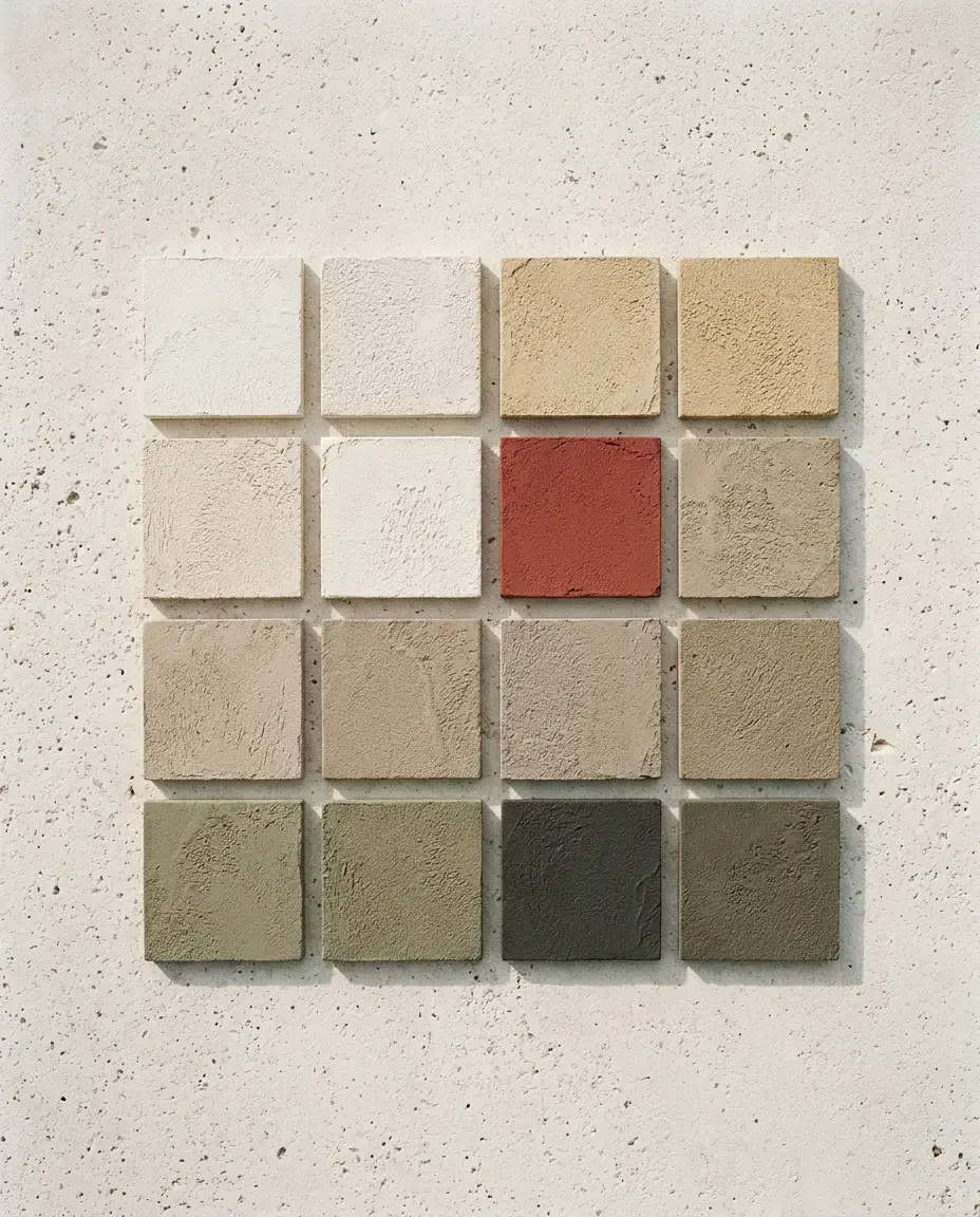 Grid of sixteen stucco finish samples in warm limestone, sand, taupe and olive tones with one terracotta square