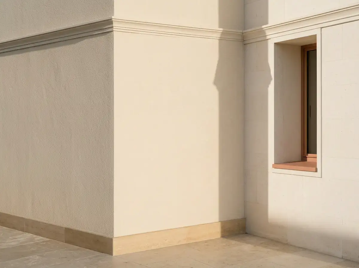 Stucco building corner with slim moulding lines and a terracotta-silled window