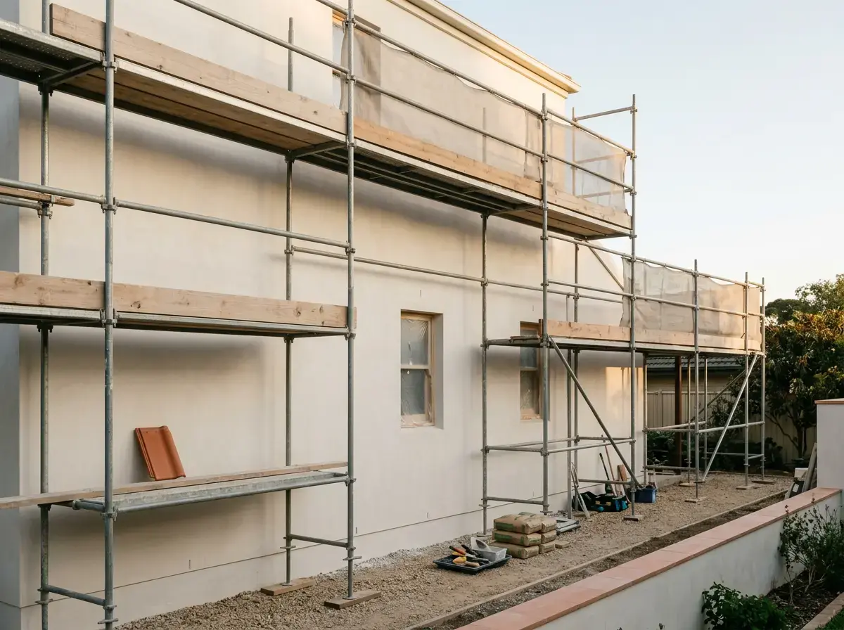 Two-storey home wrapped in tidy scaffolding during an exterior renovation at dusk
