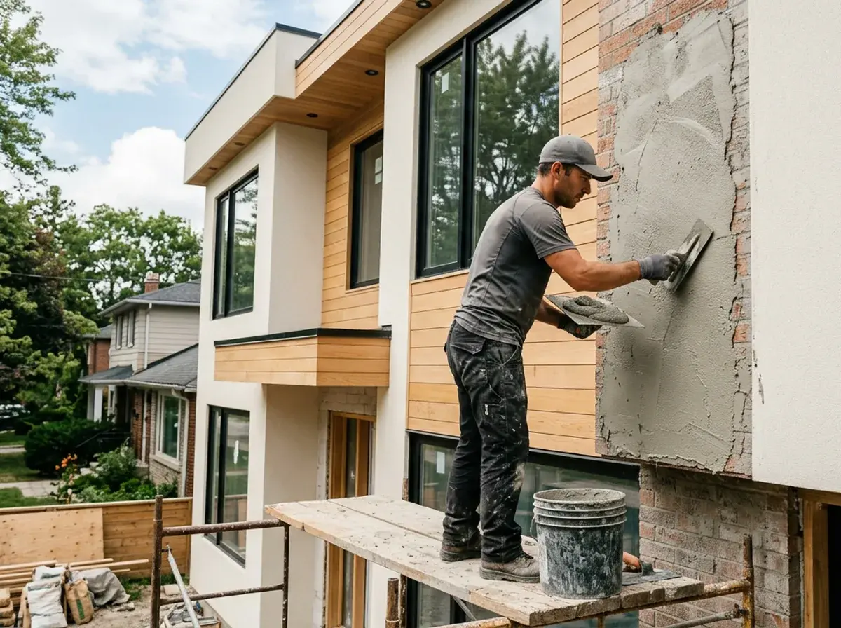 Contractor on scaffolding applying a fresh cement base coat over exposed brick beside finished stucco