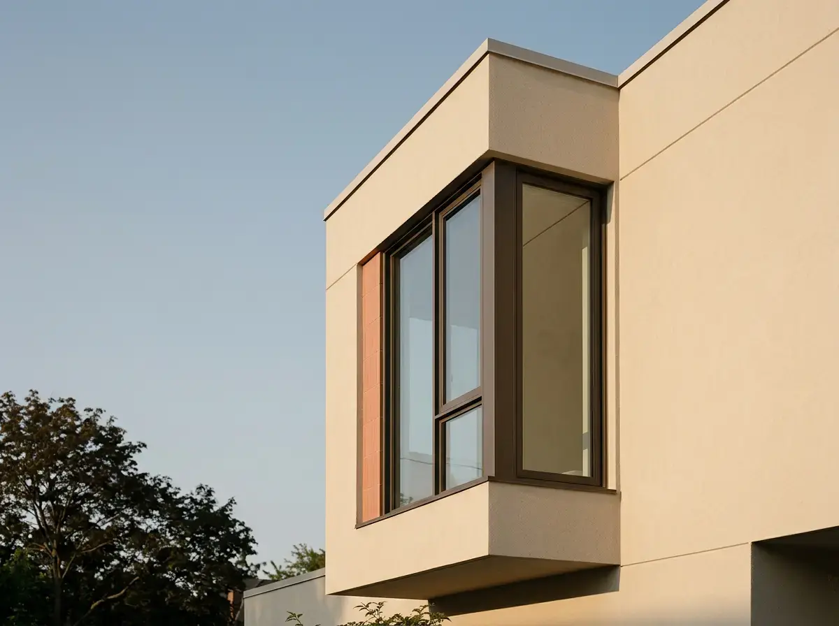 Modern home exterior with smooth sand-toned stucco and a dark-framed bay window